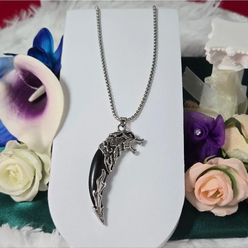 Viking Wolf Head Tooth Necklace Black Fang 24” Stainless Steel Nordic Biker Gift